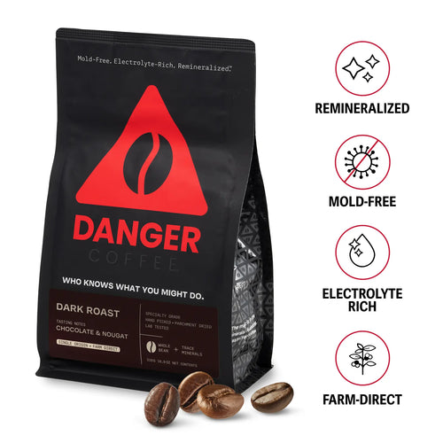Danger Coffee by Dave Asprey – Dark Roast Whole Bean Coffee, Mold-Free, Lab-Tested, Remineralized with 50+ Trace Minerals, Specialty Grade Arabica, Farm-Direct, Bulletproof Alternative, 10.9 Oz (310G)